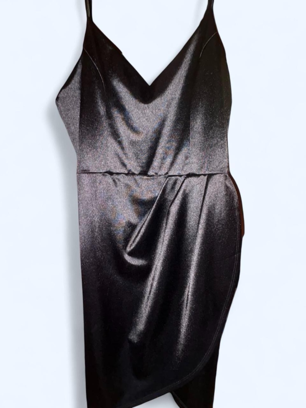 Lulu's Black Satin Slip Dress with Tulip Draping
